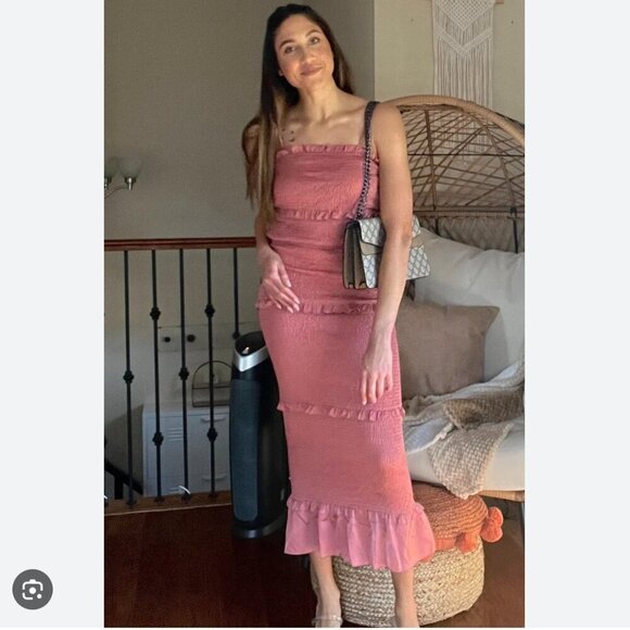 Mable Satin Smocked Fitted Ruffled Midi Dress Mauve Size Small - Picture 7 of 13